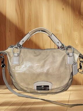 Coach Kristin 19297 Taupe Patent Leather Round Satchel Crossbody Bag